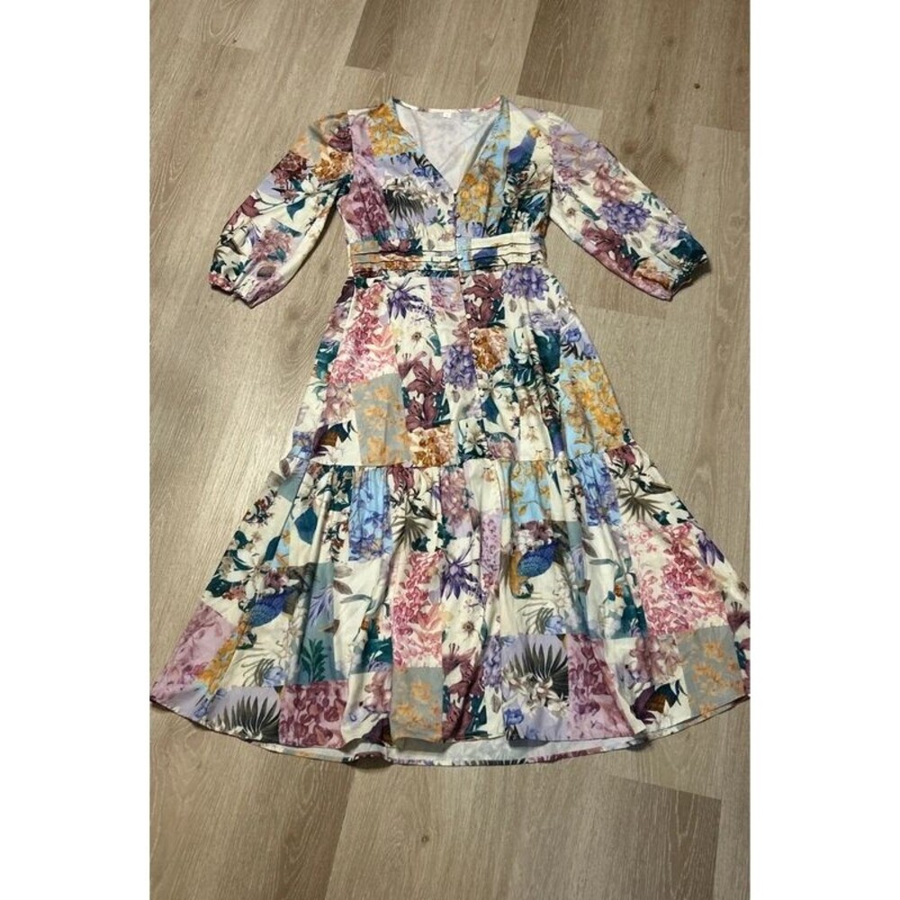 Shein V Neck Button Front 3/4 Sleeve Floral A Line Dress Sz Large